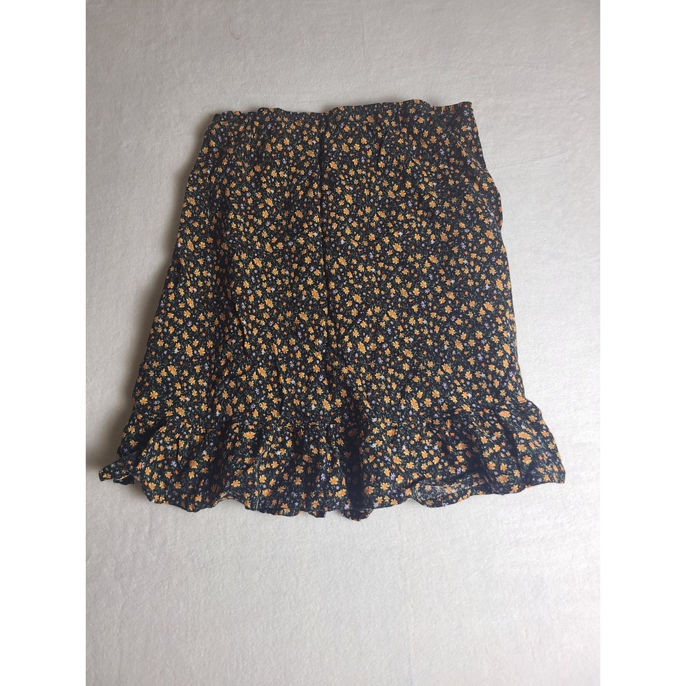 SO Y2K Floral Mini Skirt Wm XS Black Orange Ditsy Flower Ruffle Hem Rayon Boho